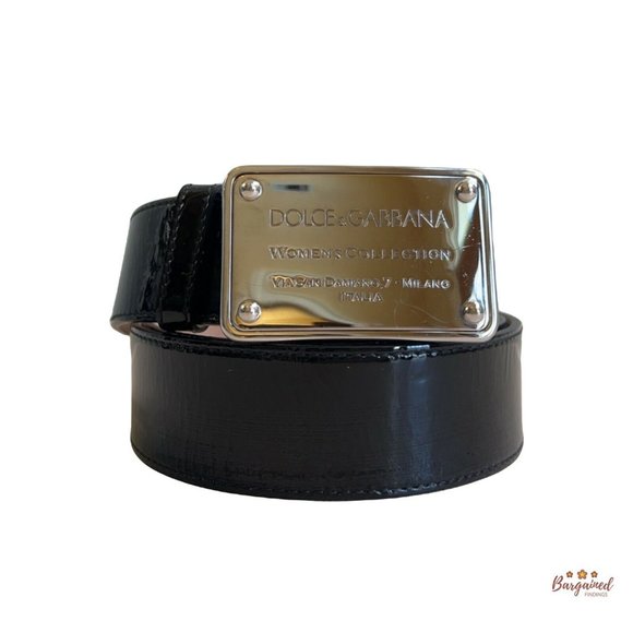 Authentic Dolce & Gabbana Black Patent Leather Silver Buckle Logo Size 38 - Picture 1 of 12